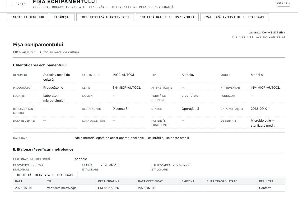 Exemplu fișă de echipament cu intervalul de etalonare, frecvența, ultima și următoarea verificare, certificat și rezultat Conform - date ilustrative