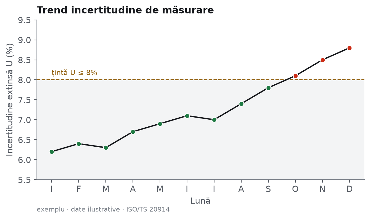 Exemplu trend de incertitudine de măsurare pe 12 luni cu prag-țintă - date ilustrative